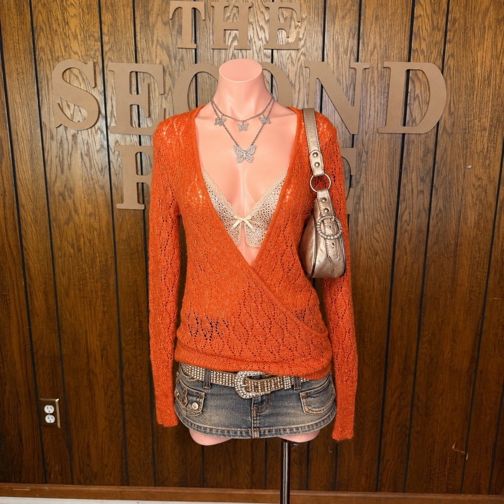 Orange Metallic Crochet Knit Wrap Sweater Anisette Women L Y2K Indie Sleaze Boho